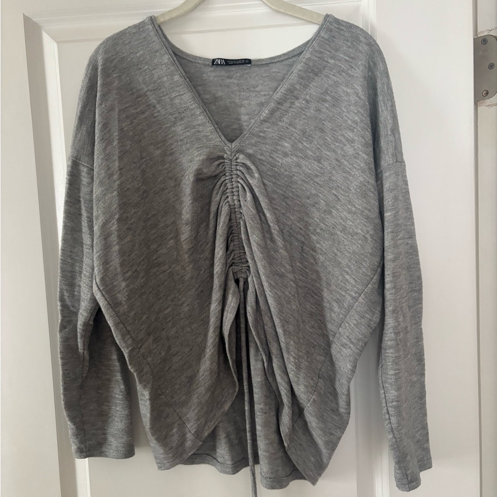 Zara Light Gray V-Neck Ruched Drawstring Sweatshirt
